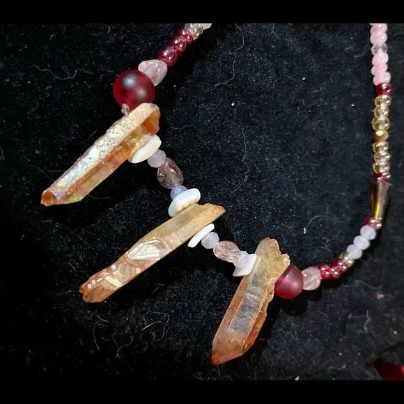 Handmade Red, Pink, & Gold Crystal & Beaded Statement Necklace - Picture 3 of 5
